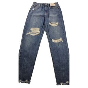 NWT 7 / 28W juniors stretch distressed denim raw hem jeans casual high rise mom